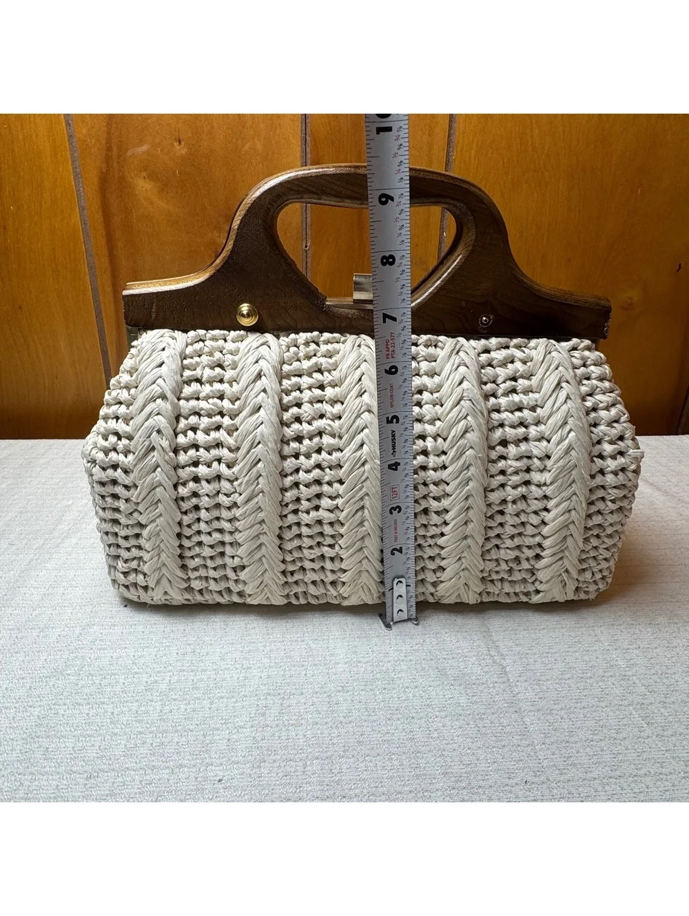 Vintage Italian Raffia Handbag Wooden Handle Clutch Purse Made In Ital